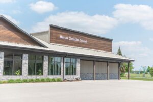 Front entrance and sign of Huron Christian School